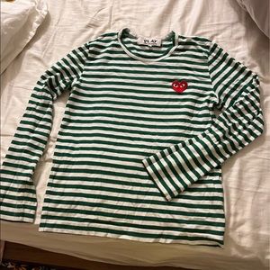 COMME des GARÇONS green strip long sleeve tee shirt with red heart size M